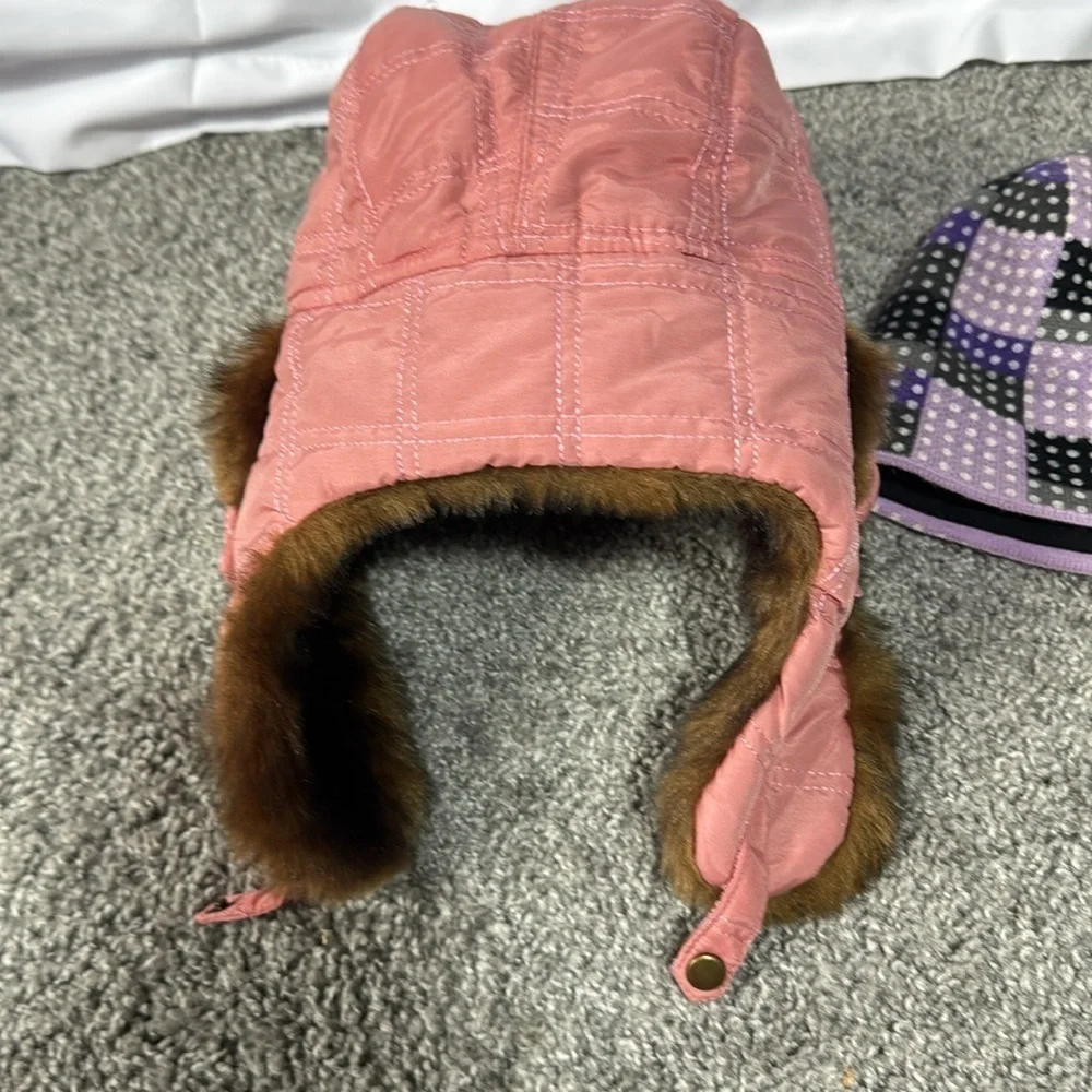 Mossimo Supply Co Pink W Fur & Bula Purple and Black Beanie Hat Youth OSFM